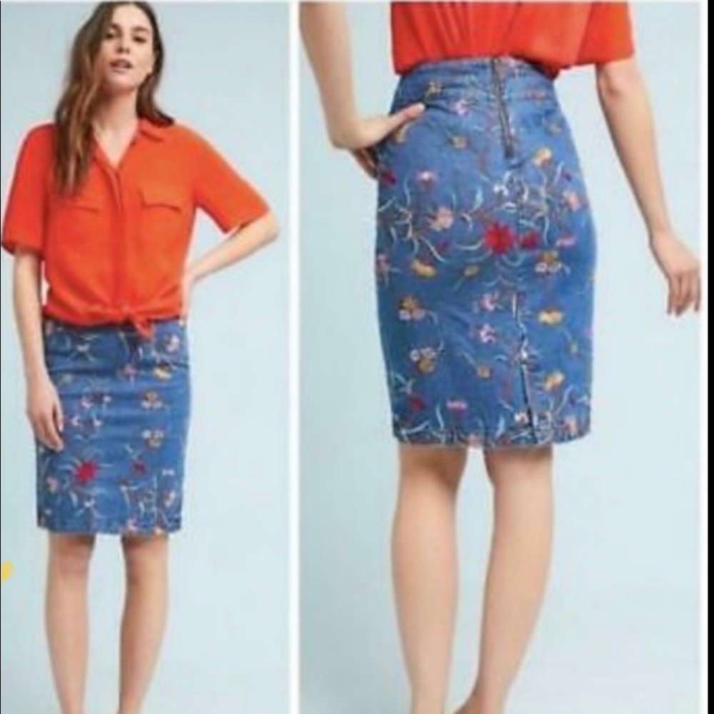 Anthropologie Blue Floral Embroidered Pencil Skirt with Red Accents